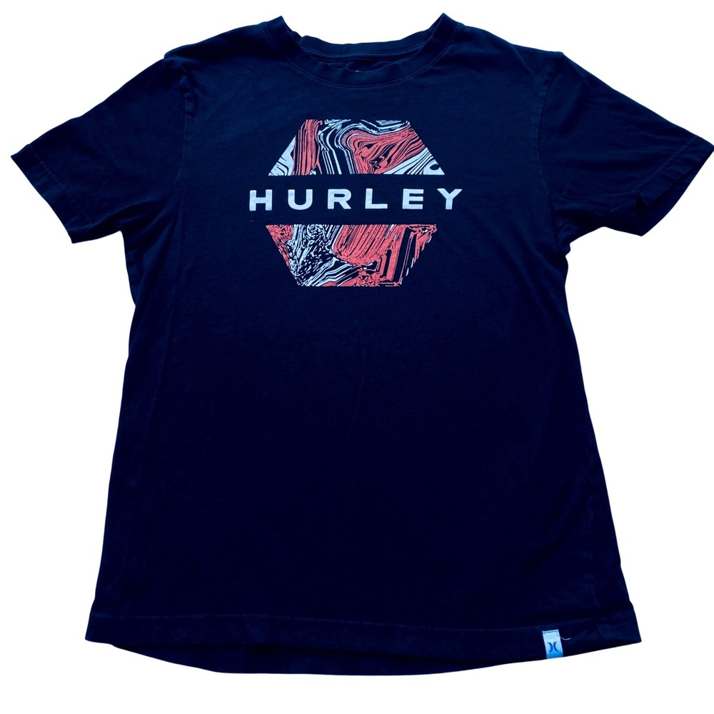 Hurley Mens Small Black Graphic T-Shirt Hexagon‎ Marble Logo Short Sleeve Tee